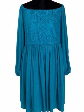 Torrid Size 3 Teal Off Shoulder lined Boho Dress Lace Bodice Flowy Plus Size